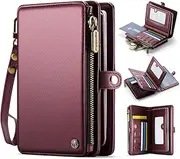XIMAND Passport Holder Wallet Bag with 11 Card Slots and Passport Solt Cash Solt Photo Solt Zipper Pocket, RFID Blocking Wristlet Strap for Travel.Wine