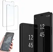 Case cover for Samsung galaxy S20 Ultra 6.9 Mirror Flip Case,【2】Screen protection film 360° Protective Stand Shockproof Translucent Smart Clear View PC Case Compatible for S20 Ultra 6.9,black