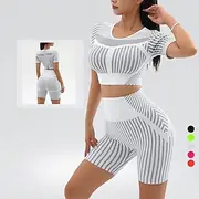 Women's 2 Pieces Scrunch Yoga Romper Workout Jumpsuits Shorts and Crop Top Stripes Clothing Suit Black White Gym Workout Volleyball Running High Waist Stretchy