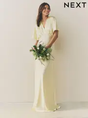 Pastel Yellow Bridesmaid Satin Flutter Sleeve Maxi Dress (AW4058) | $150