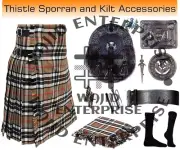 Scottish Handmade Camel of Thompson Tartan 8 yard Kilt & Accessories for Men's