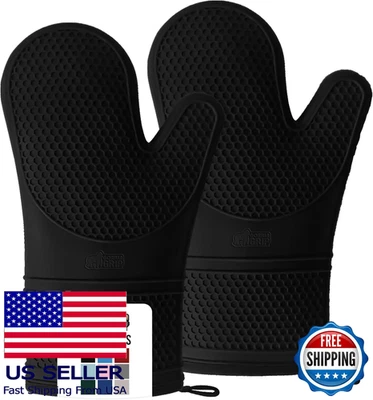 Heat Resistant Silicone Oven Mitts, Waterproof Grilling Potholders, Black, Set