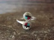 Zuni Indian Turquoise & Coral Inlay Sunface Adjustable Ring by Bowekaty Size ...