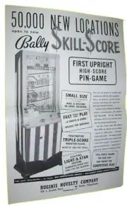 Skill Score Arcade Flyer Original 1960 Retro Vintage Upright Pinball Machine