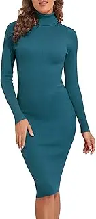 [PrettyGuide] Women's Turtleneck Sweater Dress Long Sleeve Ribbed Knit Stretch Midi Bodycon Dresses