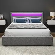 [Artiss] Double Bed Frame Platform RGB LED Headboard Gas Lift Beds Base with Storage Space Frames Bedroom Room Decor Home Furniture, Upholstered with Grey PVC Leather + Foam + Wood, Modern Design