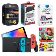 Nintendo Switch Neon Red/Blue OLED + Mario vs. Donkey Kong + Accessory Gamer Kit
