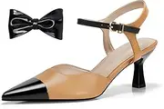 [Coutgo] Women's Bow Kitten Heels Closed Pointed Toe Pumps Ankle Strap Patchwork Dress Party Shoes