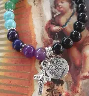 New Tree of Life Charm SP Cross Glass Bead Christian Stretch Bracelet