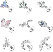 [Kakonia] 9Pcs 16G Cartilage Earrings Stud for Women Stainless Steel Top Screw Flat Back Earrings Butterfly Moon Flower CZ Cartilage Earrings Helix Tragus Piercing Jewelry