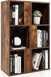 Giantex Bookcase, Freestanding 3-Tier Bookshelf, Asymmetric Display Shelf w/ 6 Compartments, Anti-toppling Device, Cube Storage Organizer for Living Room, Bedroom, Kid's Room (Rustic Brown)