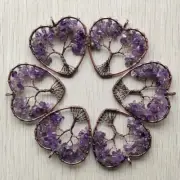 Wholesale 6pcs natural amethysts wire wrapped tree of life heart pendants
