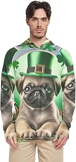 [RPLIFE] Saint Patrick Day Cute Pug Puppy Sun Protection Clothes, Cooling Long Sleeve Shirts, Hoodie with Thumb Holes Men, UPF 50+ Spf Fishing Shirts for Men, Saint Patrick Day Cute Pug Puppy