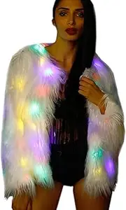 [GUOCHU] Women Faux Fur LED Flash Light Up Jacket Gilrs Rave Stage Costume Bithday Xmas Fancy Dress Festival Outwear