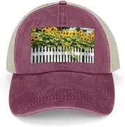 [MNVTSKOP] Hollow Baseball Cap Sunflowers White Picket Fence Classic Dad Hat Adjustable Cotton Baseball Hat Sport Visor Hat