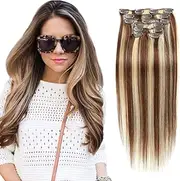 Tape in Hair Extensions Human Hair Brown Hair Extensions Tape in Remy Hair 70Gram 7Pcs 16Clips Tape in Balayage Hair Extensions Ombre Brown Mixed with Blonde,20Inch