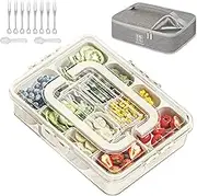 WETRBWEH Snack Box Container with Insulated Cooler Bag, Divided Serving Tray with Lid and Handle Beach Essentials, Snackle Box Veggie Tray Fruit Tray with 8 Compartments & 8 Forks & 2 Spoon