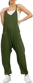 [YTJYZB] Women's V Neck Sleeveless Jumpsuits Casual Stretchy Rompers Loose Harem Long Pants Overalls Wide Legged Jumpers with Pockets