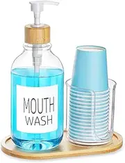 Mouthwash Dispenser with Cup Holder, Plastic Mouth Wash Pump Bottle with Tray for Bathroom Organizers, 17oz Refillable Clear Mouthwash Container - Bamboo