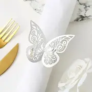 50pcs Laser Cut Butterfly Napkin Rings Holder for Dinners Tables Wedding Anniversray Party Decor Baby Bridal Shower Banquet Supply Sash Bows Tablecloth Paper Napkins (Silver, Butterfly)
