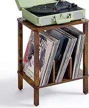 LELELINKY 2-Tier Record Player Stand with Vinyl Record Storage up to 100 Albums, Bedroom Record Holder and Multi-Functional End Table for Living Room, Brown