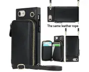 For iPhone 8 Case with Lanyard Zipper Wallet Cover - Black