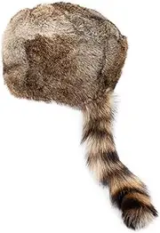 [surell] Coonskin Davy Crockett Hat - 100% Real Rabbit Fur Hat - Rabbit Fur Crown - Raccoon Tail Hat - Genuine Fur Crown - Unisex Winter Hat for Cold Weather - Brown, Brwon, One Size