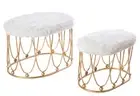 New Oval Shaped Wood and Gold Metal Stool with White Fur Top, Set of 2