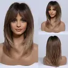 Long Layered Wigs for Women Synthetic Hair Wig with Bangs Ombre Brown to Blonde