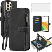 [Asuwish] Phone Case for Samsung Galaxy A33 5G Wallet Cover with Tempered Glass Screen Protector and Leather Flip Credit Card Holder Stand Lanyard Wrist Strap Cell Accessories A 33 33A Women Men Black