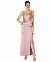 Adrianna Papell Wom Petite Satin Mermaid Gown with Draped Bow Detail, Rose,8P