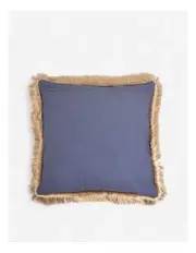 [Yellow Drama] Solid Cotton Linen Cushion Cover With Fringed Border in Navy