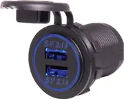 Dual USB Charging Panel Mount Socket Connects 4.2A directly to 12V with blue LED backlight