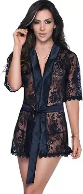 Mapale 7115 Lacy Robe Lingerie Set Black Medium
