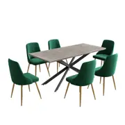 7 Piece Dining Set with Rectangular Table and 6 Green Velvet Chairs