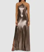 Aidan by Adrianna Papell Women's Gold Grecian Foil Halter Gown Dress Size 12
