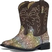 [Rollda] Girls Cowboy Boots Glitter Western Boots Sequin Cowgirl Boots for Girls, Rainbow, 5 Big Kid