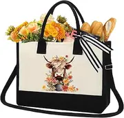 [INCOK] Highland Cow Gifts Tote Bag - Personalized Reusable Canvas Tote Bag for Women Girls Travel Shopping Beach Handbag