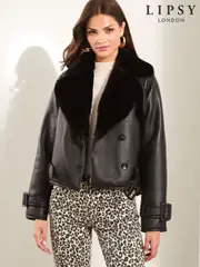 Lipsy Black Bonded Faux Fur Crop Trench Jacket (AD7434) | $67