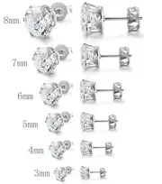 Cubic Zirconia Stud Earrings Stainless Steel 3mm-8mm (Men or Women)