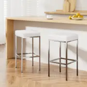 Set of 2 PU Leather Backless Bar Stools - White and Chrome