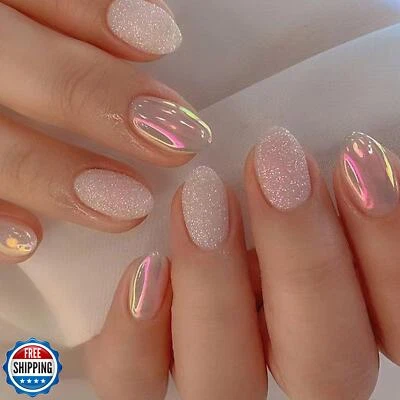 Short Press on Nails Almond Glue on Nails Glossy Glitter Acrylic Nails Chrome