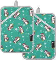 Large Pot Holder Heat Resistant Christmas Snowflakes Pinguins Green Potholders for Kitchens with Pockets Kitchen Hot Pads Oven Mitts 2 Pack