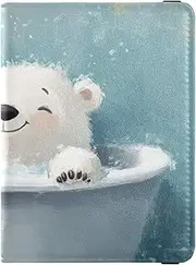 [Amooorous] Cartoon Cute White Bathing Bear Leather decorative Passport and Vaccine Card Holder Combo Travel Documents Organizer Protector Passport Case Travel Documents Wallet Lightweight, Cartoon cute white