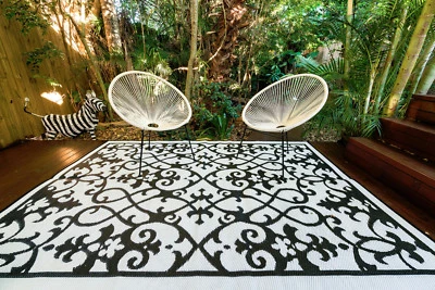 200x270cm Outdoor/Indoor Plastic Rug GATSBY BLACK WHITE Waterproof Modern