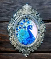 Peacock bird mini art print of acrylic painting in vintage style ornate frame