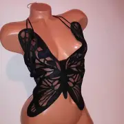 Victoria Secret Butterfly Top Large Black Tie Up Festival Embroidered Mesh New