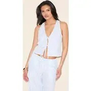 Blue Striped Sleeveless Tie Front Top, Blue