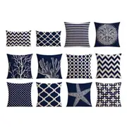 Deep Blue Nautical Geometric Cotton Linen Blend Cushion Cover Throw Pillow Case