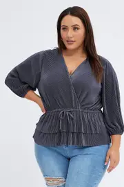 Grey Plisse Frill Layer Top Tie Side